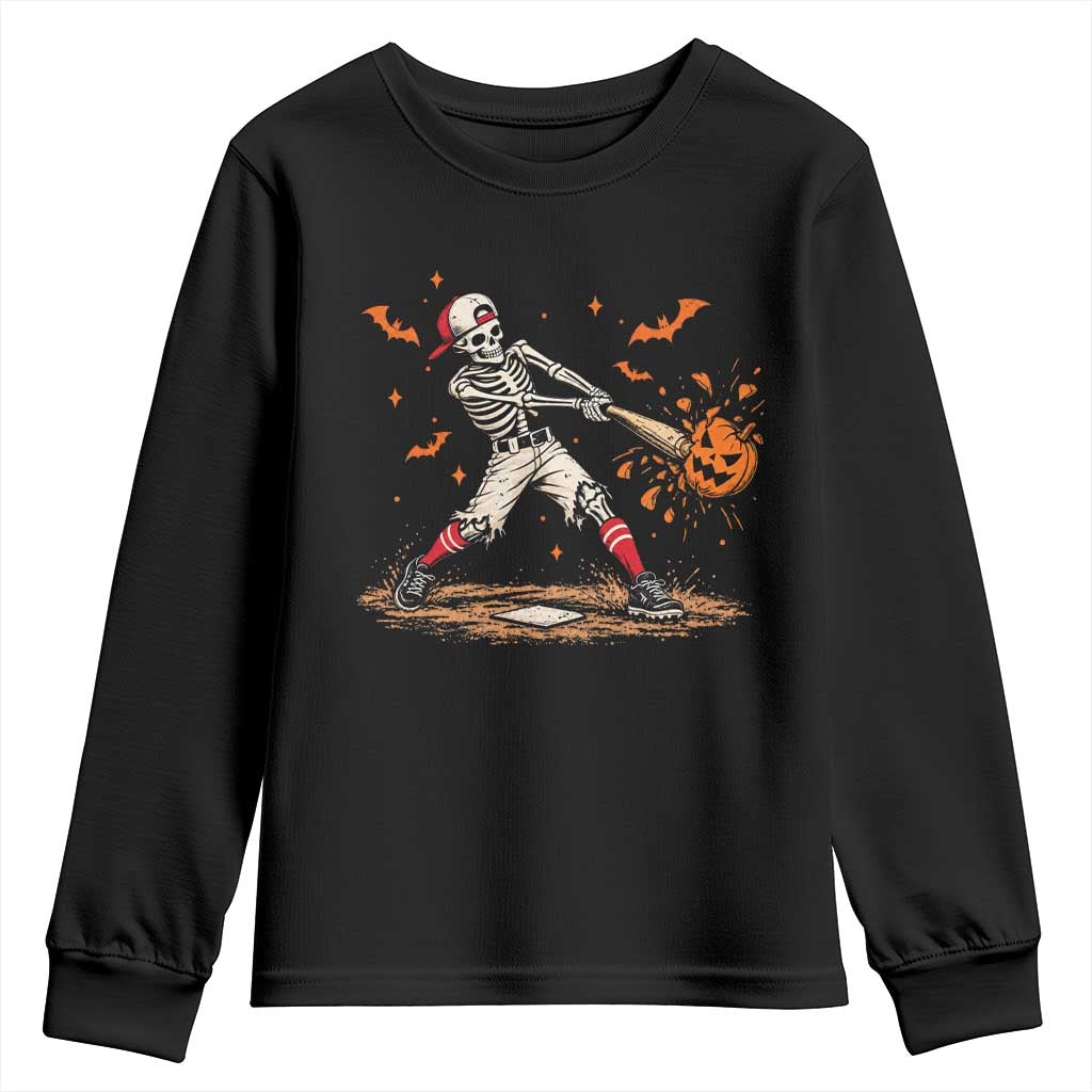 Halloween Skeleton Playing Baseball Youth Sweatshirt Creep Spooky Sport Lover