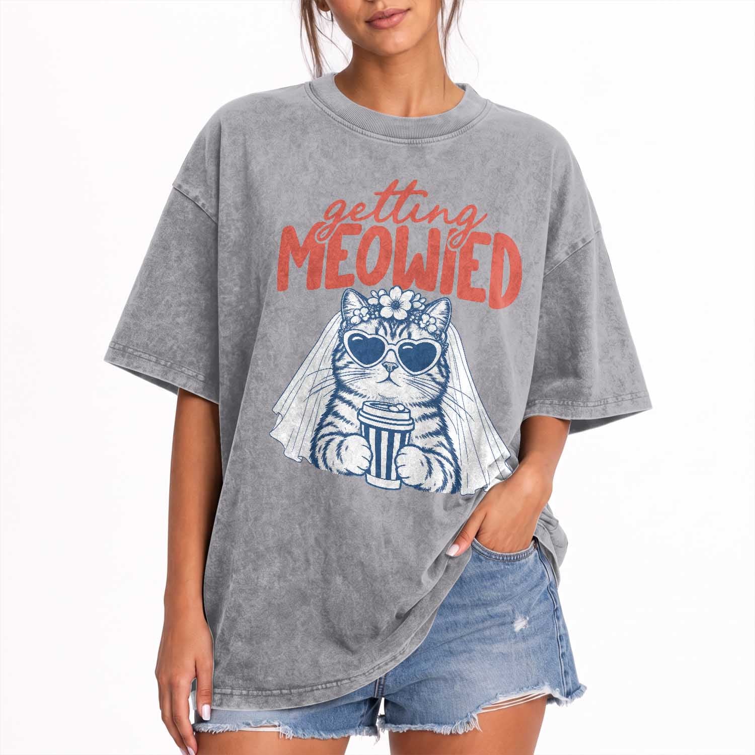 Getting Meowied Funny Cat Bride Bachelorette Party Washed Cotton T-Shirt Kitten Wedding Humor