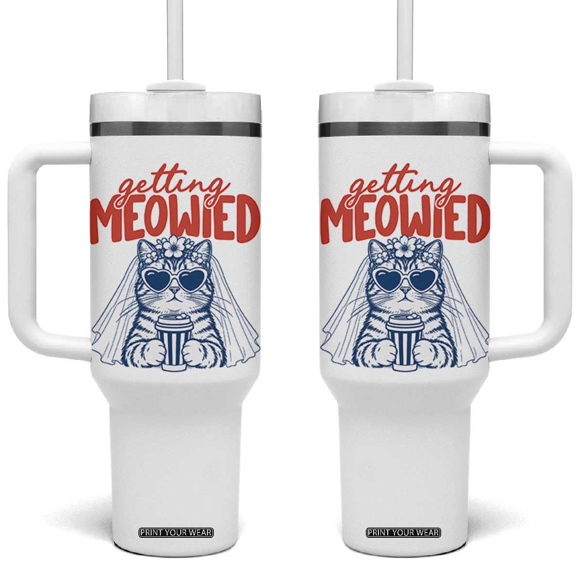Getting Meowied Funny Cat Bride Bachelorette Party Tumbler With Handle Kitten Wedding Humor