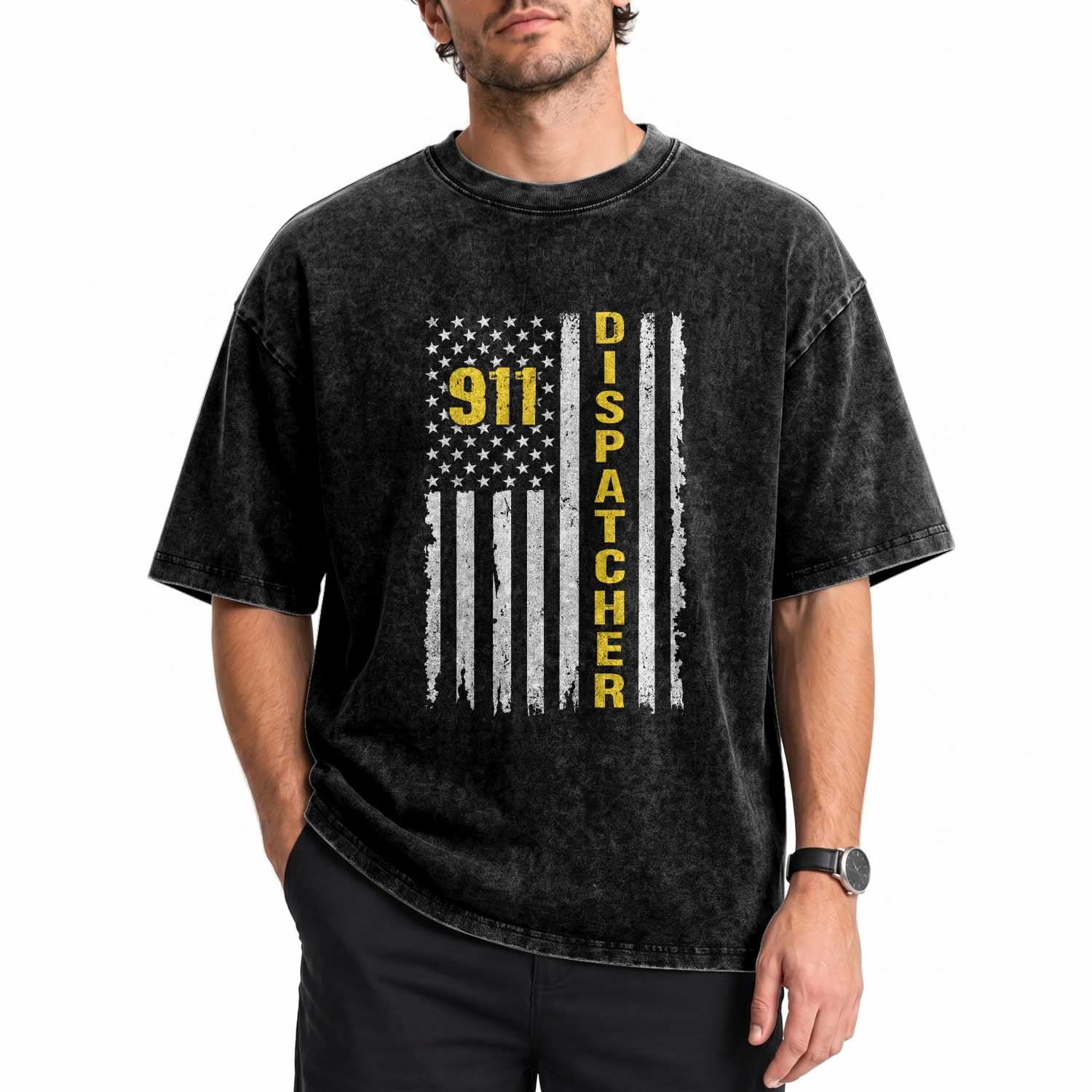 Patriotic 911 Dispatcher Police Emergency American Flag Washed Cotton T-Shirt