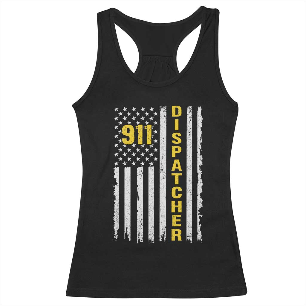 Patriotic 911 Dispatcher Police Emergency American Flag Racerback Tank Top