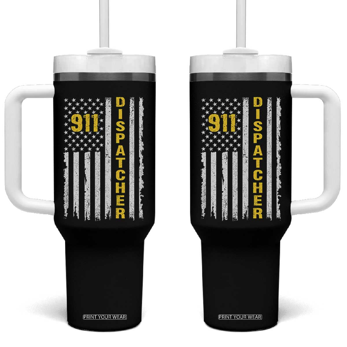 Patriotic 911 Dispatcher Police Emergency American Flag Tumbler With Handle