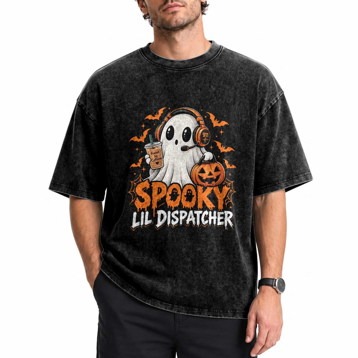 Halloween 911 Dispatcher Washed Cotton T-Shirt Spooky Lil Operator Ghost 911 Emergency