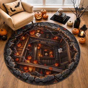 Halloween Ghost Pumpkin Cellar 3D Optical Illusion Round Rug Haunted  Fall Forest Dungeon