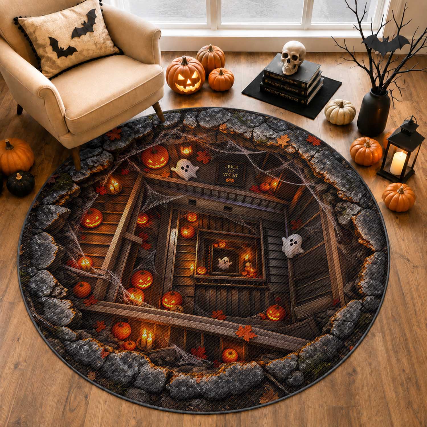 Halloween Ghost Pumpkin Cellar 3D Optical Illusion Round Rug Haunted  Fall Forest Dungeon