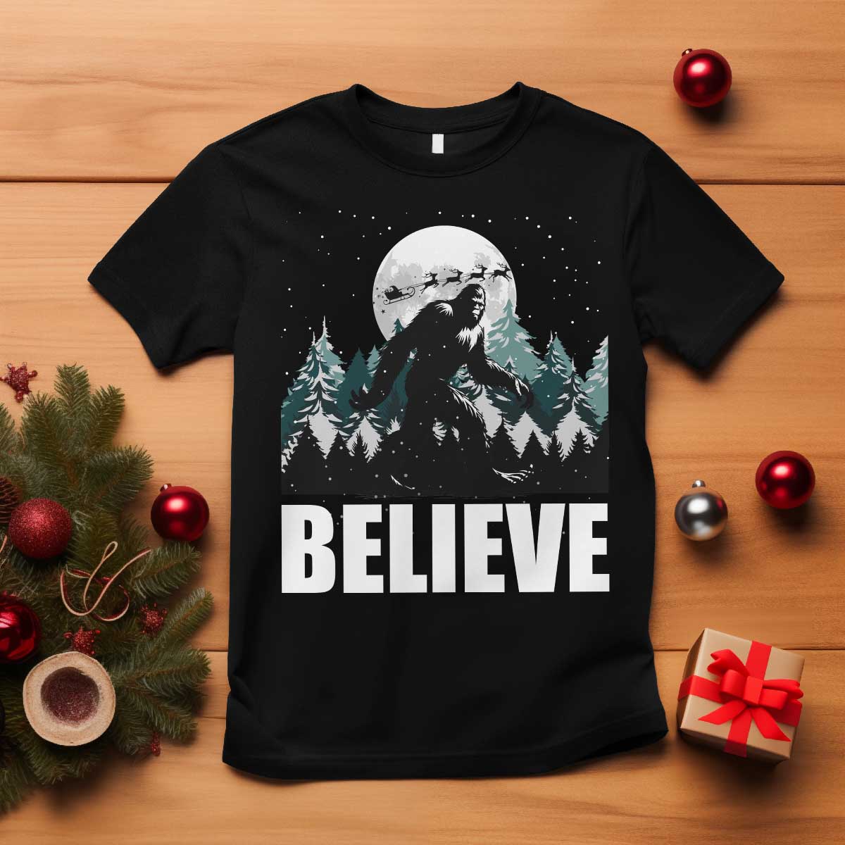 Funny Christmas Bigfoot T Shirt Believe Santa Sasquatch Snow TS11 Black Print Your Wear
