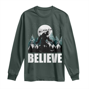 Funny Christmas Bigfoot Long Sleeve Shirt Believe Santa Sasquatch Snow TS11 Dark Forest Green Print Your Wear