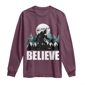 Funny Christmas Bigfoot Long Sleeve Shirt Believe Santa Sasquatch Snow TS11 Maroon Print Your Wear