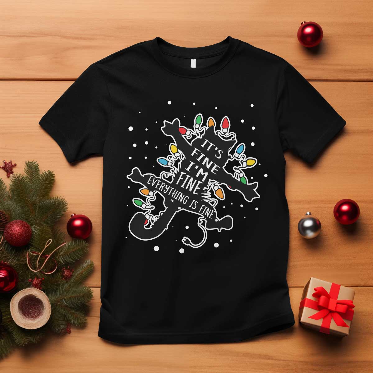 Funny Christmas It's Fine I'm Fine Everything Is Fine T Shirt Black Cat TS11 Black Print Your Wear