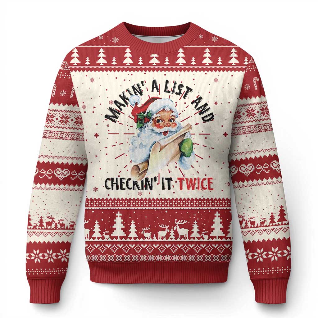 Funny Xmas Vintage Santa Ugly Christmas Sweater Makin' A List And Checkin' It Twice Naughty Or Nice List TS11 Red Print Your Wear