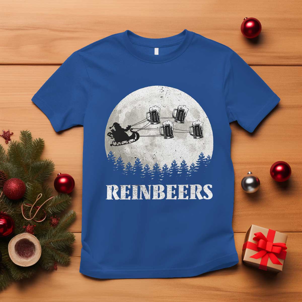 Funny Christmas Beers T Shirt Reinbeers Santa Sleigh Moon TS11 Royal Blue Print Your Wear