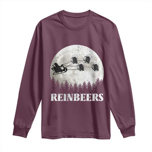 Funny Christmas Beers Long Sleeve Shirt Reinbeers Santa Sleigh Moon TS11 Maroon Print Your Wear