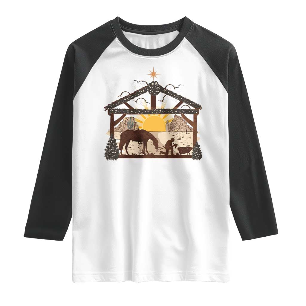 Christmas Western Raglan Shirt True Story Jesus Cowboy Nativity Scene TS11 White Black Print Your Wear
