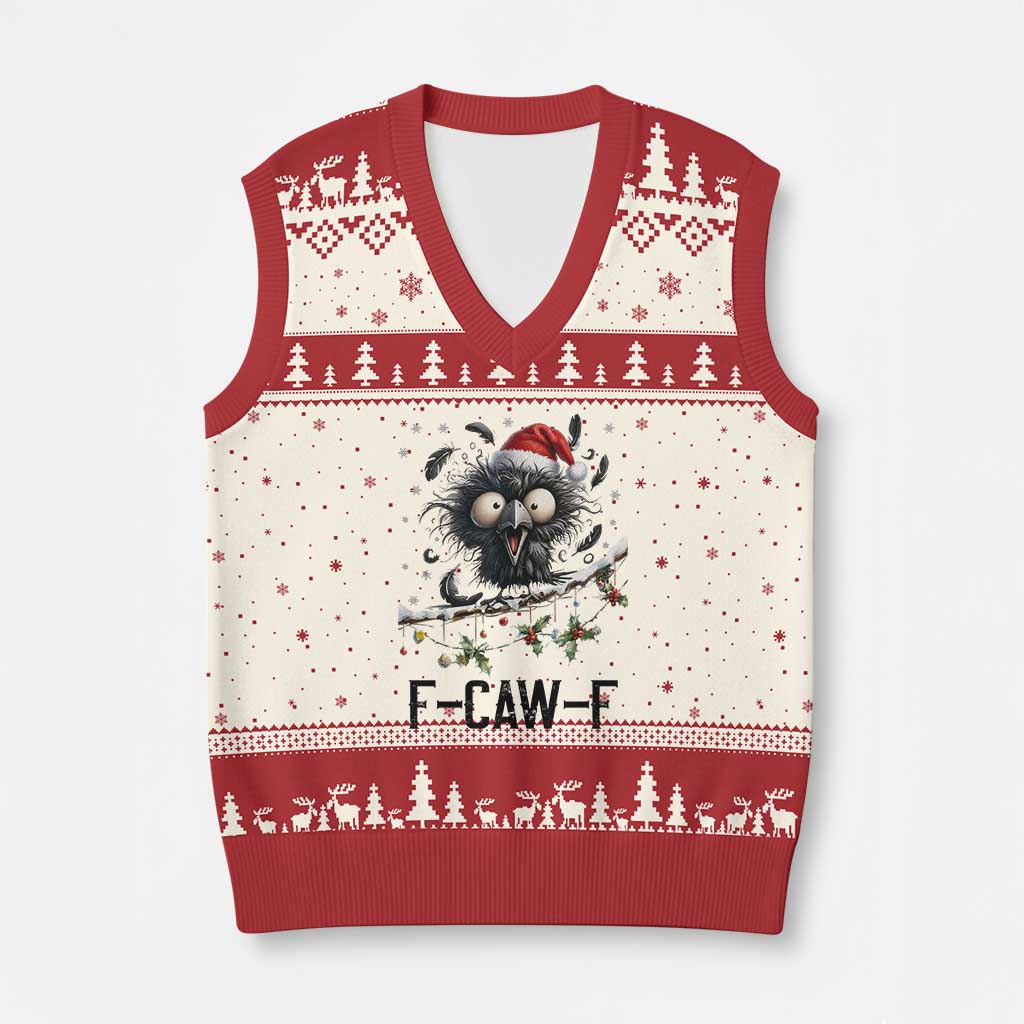 Funny F Caw F Xmas Crow V-Neck Knit Sweater Vest Santa Raven Xmas Holiday Snowflake TS11 Beige Red Print Your Wear