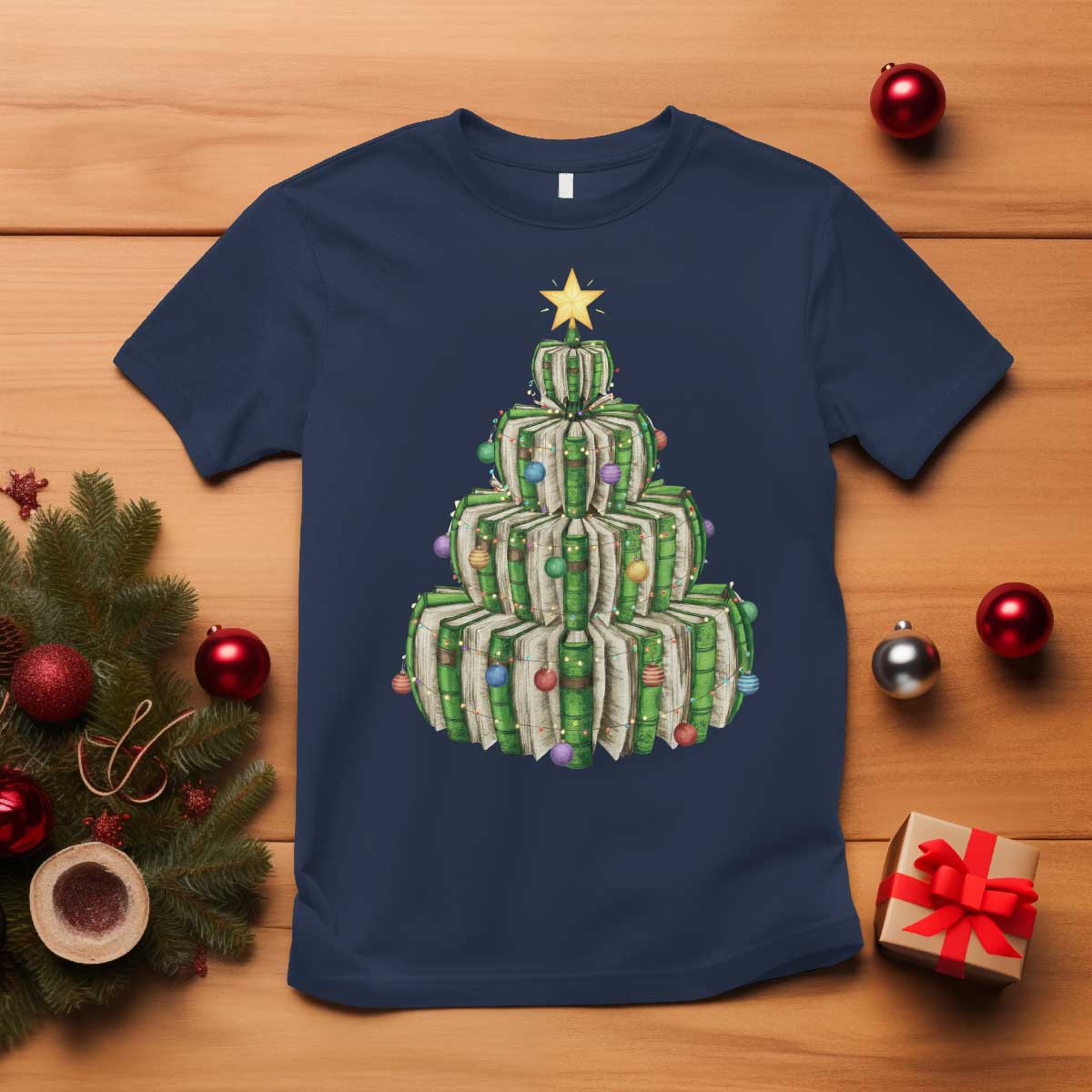 Book Christmas Tree Book Lover Teacher Librarian T Shirt TS11 Navy Print Your Wear