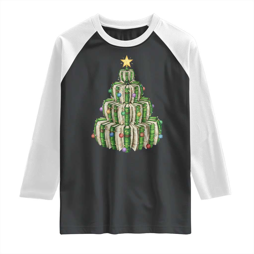 Book Christmas Tree Book Lover Teacher Librarian Raglan Shirt TS11 Black White Print Your Wear