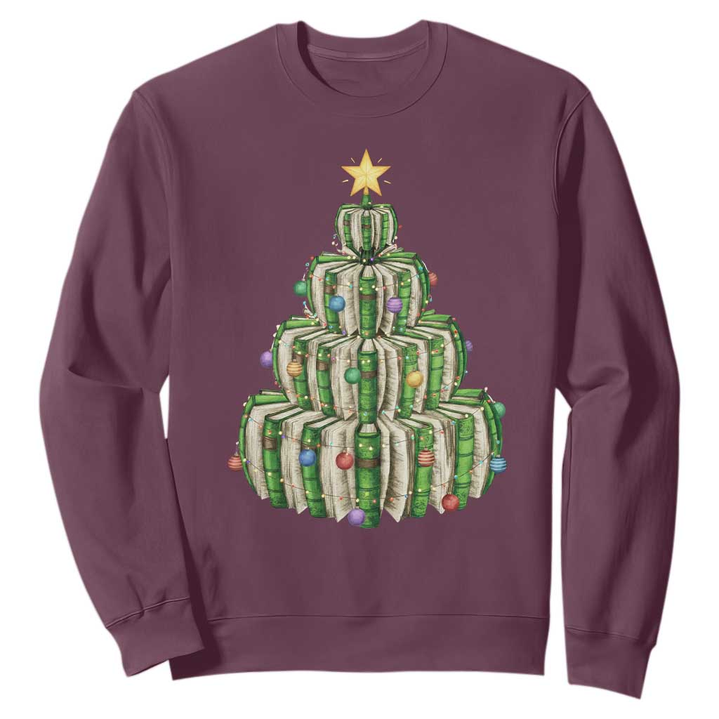 Book Christmas Tree Book Lover Teacher Librarian Sweatshirt TS11 Maroon Print Your Wear