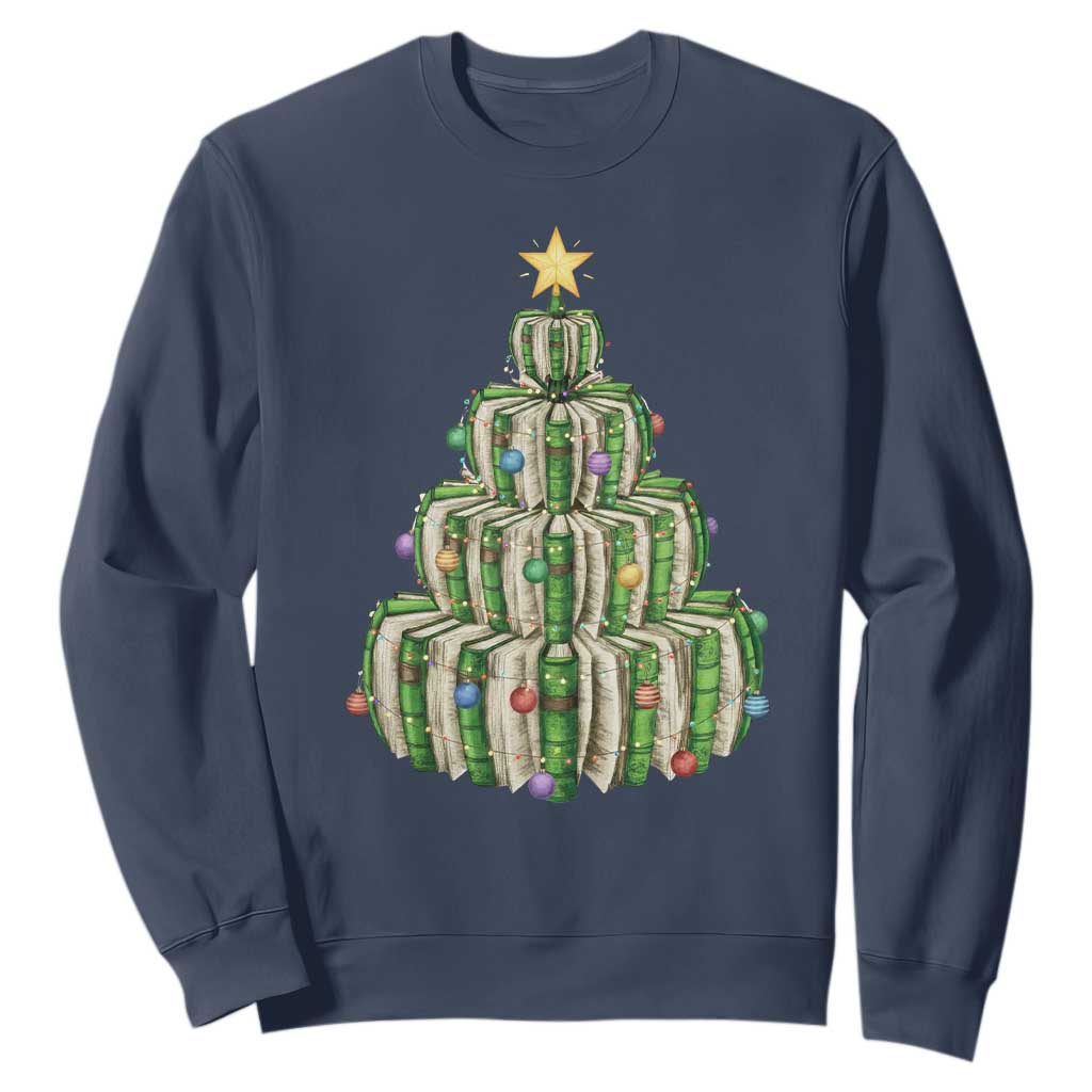 Book Christmas Tree Book Lover Teacher Librarian Sweatshirt TS11 Navy Print Your Wear