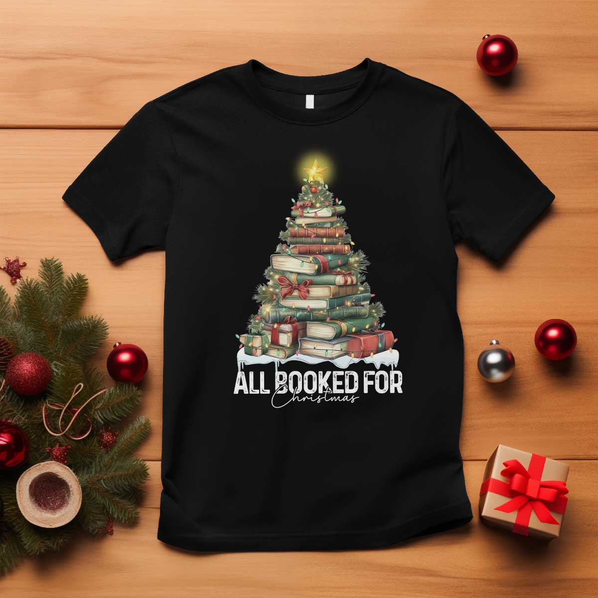 All Booked For Christmas T Shirt Xmas Tree Lights Book Lover TS11 Black Print Your Wear