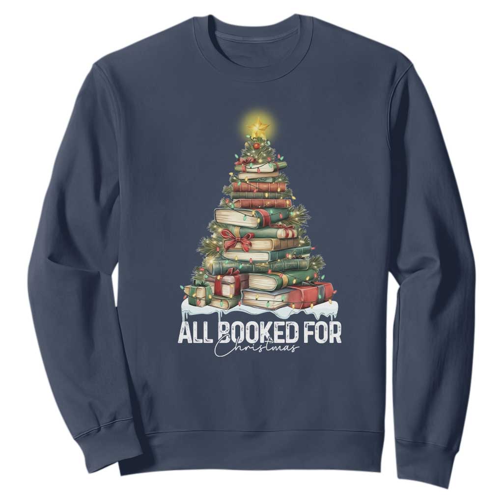 All Booked For Christmas Sweatshirt Xmas Tree Lights Book Lover TS11 Navy Print Your Wear