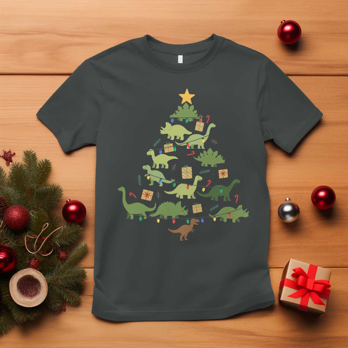 Funny Christmas Dinosaur T Shirt Dino Xmas Tree Rex Paleontologist TS11 Dark Heather Print Your Wear