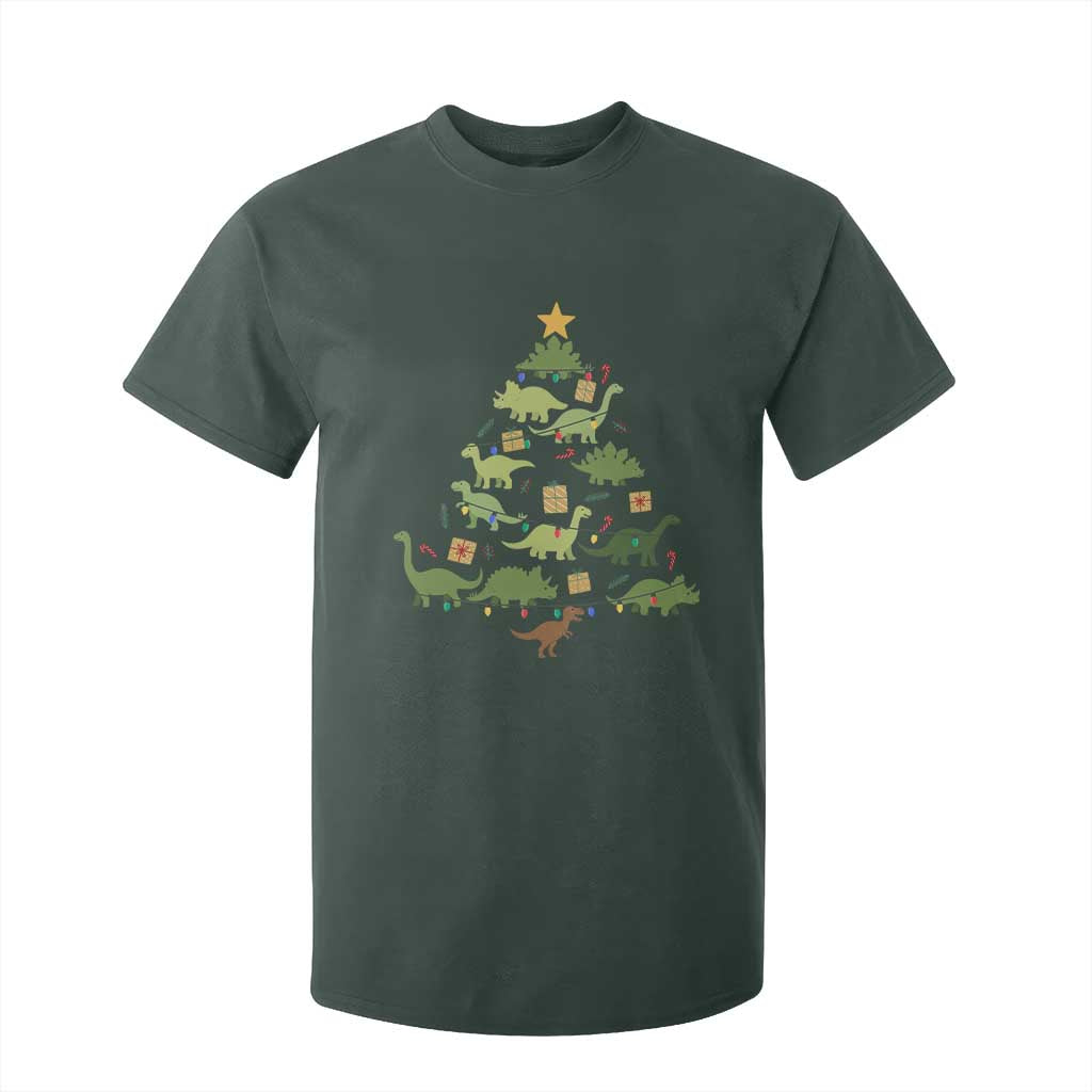 Funny Christmas Dinosaur T Shirt For Kid Dino Xmas Tree Rex Paleontologist TS11 Dark Forest Green Print Your Wear