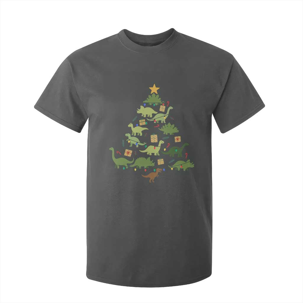Funny Christmas Dinosaur T Shirt For Kid Dino Xmas Tree Rex Paleontologist TS11 Dark Heather Print Your Wear