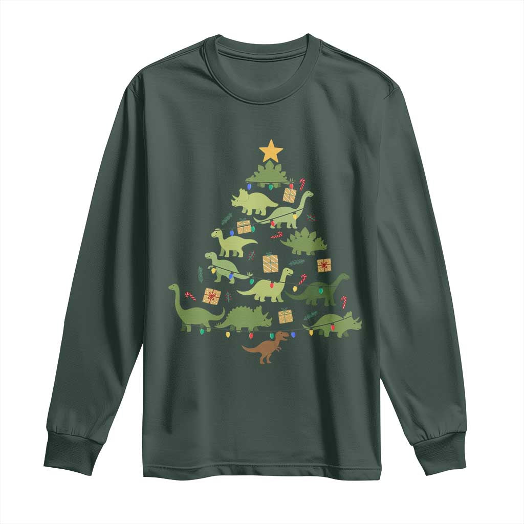 Funny Christmas Dinosaur Long Sleeve Shirt Dino Xmas Tree Rex Paleontologist TS11 Dark Forest Green Print Your Wear