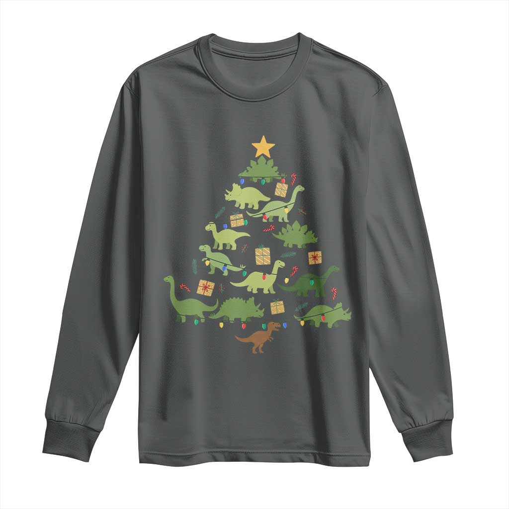 Funny Christmas Dinosaur Long Sleeve Shirt Dino Xmas Tree Rex Paleontologist TS11 Dark Heather Print Your Wear