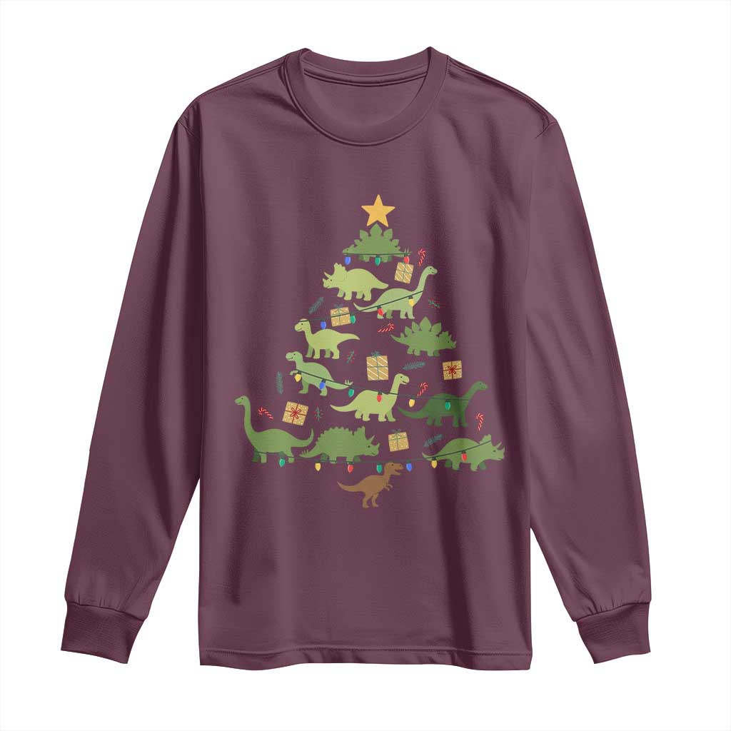 Funny Christmas Dinosaur Long Sleeve Shirt Dino Xmas Tree Rex Paleontologist TS11 Maroon Print Your Wear