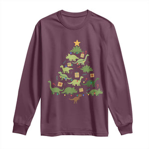 Funny Christmas Dinosaur Long Sleeve Shirt Dino Xmas Tree Rex Paleontologist TS11 Maroon Print Your Wear