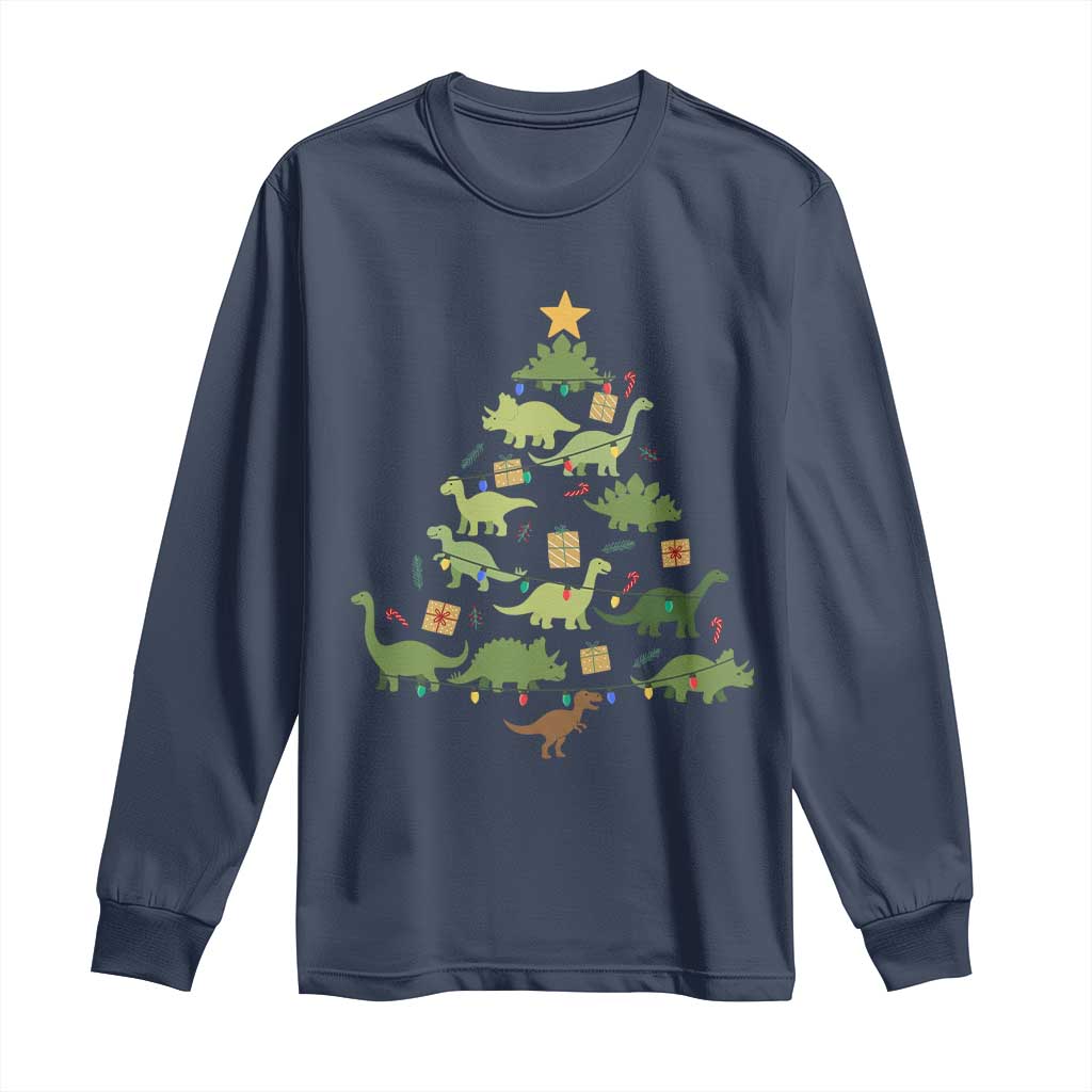 Funny Christmas Dinosaur Long Sleeve Shirt Dino Xmas Tree Rex Paleontologist TS11 Navy Print Your Wear
