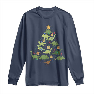 Funny Christmas Dinosaur Long Sleeve Shirt Dino Xmas Tree Rex Paleontologist TS11 Navy Print Your Wear