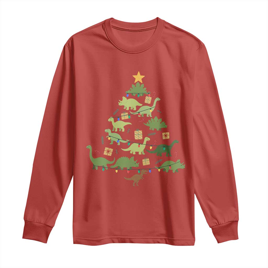 Funny Christmas Dinosaur Long Sleeve Shirt Dino Xmas Tree Rex Paleontologist TS11 Red Print Your Wear