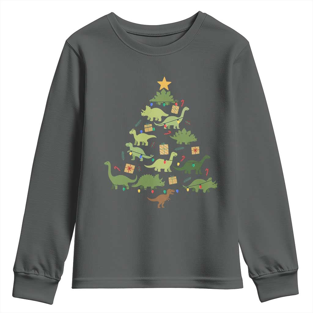 Funny Christmas Dinosaur Youth Sweatshirt Dino Xmas Tree Rex Paleontologist TS11 Dark Heather Print Your Wear