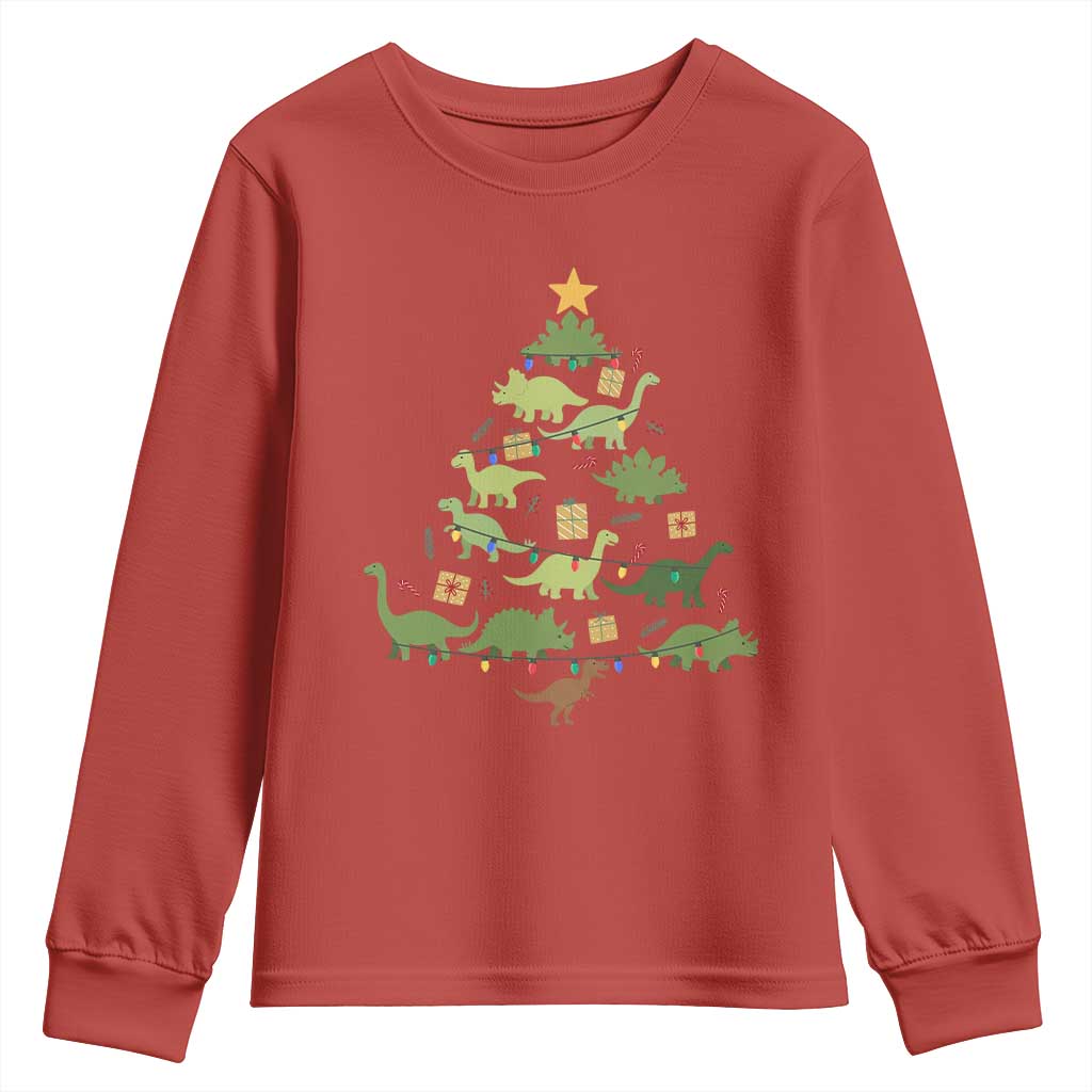 Funny Christmas Dinosaur Youth Sweatshirt Dino Xmas Tree Rex Paleontologist TS11 Red Print Your Wear