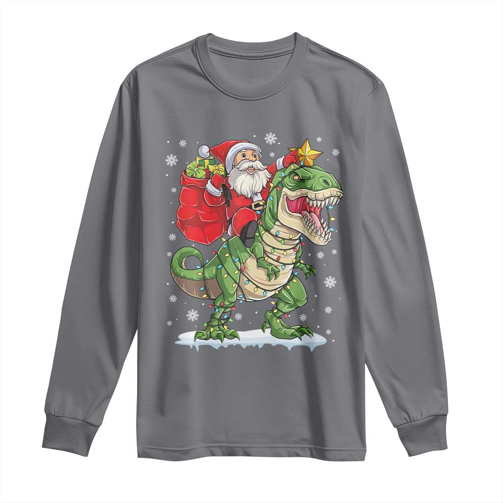 Funny Dinosaur Christmas Santa Claus Riding Dino Long Sleeve Shirt TS11 Charcoal Print Your Wear