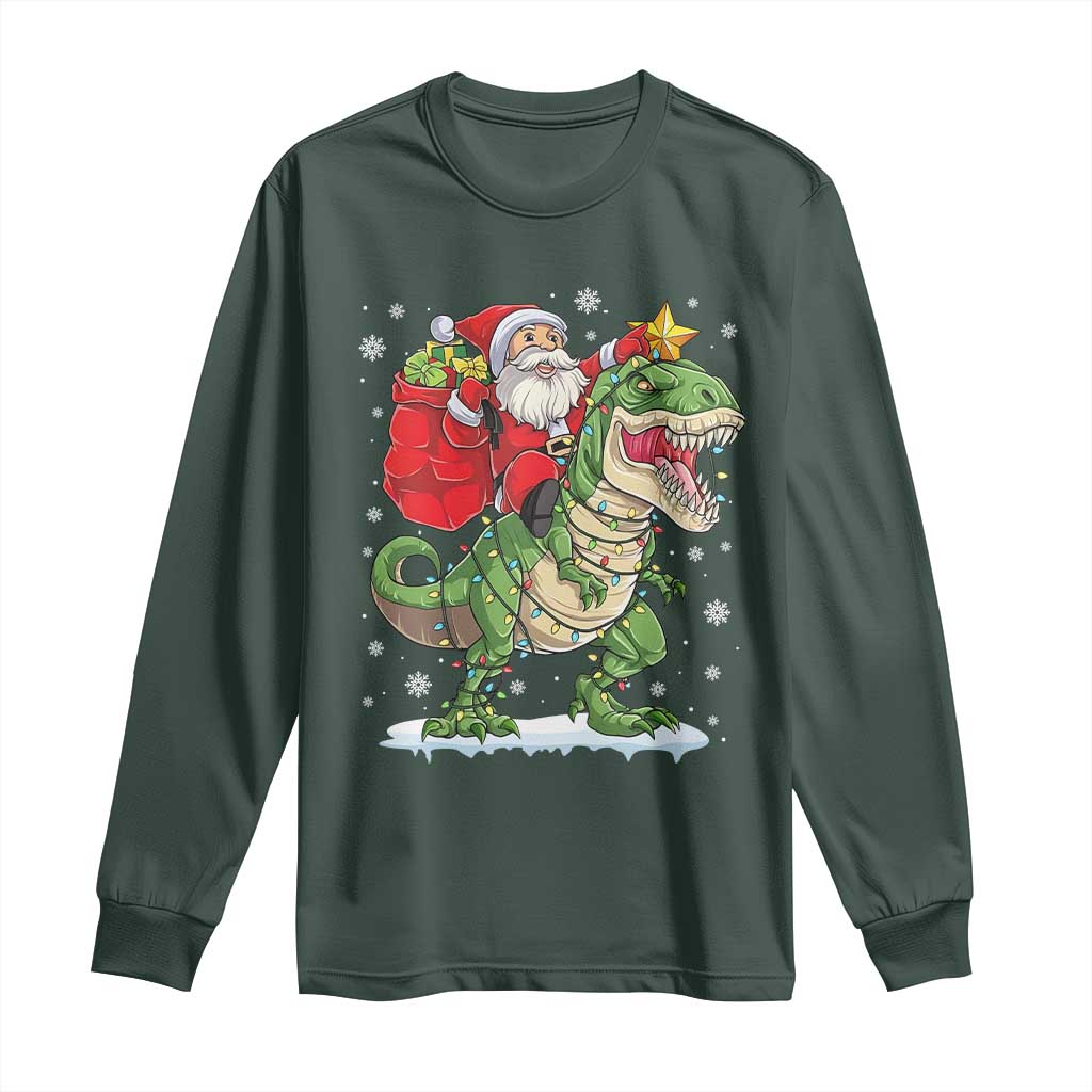 Funny Dinosaur Christmas Santa Claus Riding Dino Long Sleeve Shirt TS11 Dark Forest Green Print Your Wear