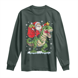 Funny Dinosaur Christmas Santa Claus Riding Dino Long Sleeve Shirt TS11 Dark Forest Green Print Your Wear