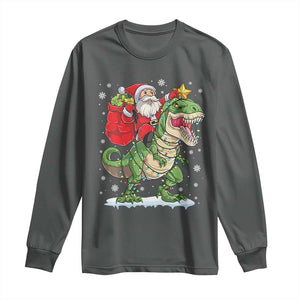 Funny Dinosaur Christmas Santa Claus Riding Dino Long Sleeve Shirt TS11 Dark Heather Print Your Wear
