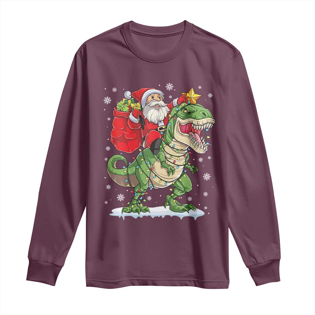 Funny Dinosaur Christmas Santa Claus Riding Dino Long Sleeve Shirt TS11 Maroon Print Your Wear