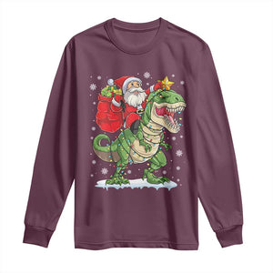 Funny Dinosaur Christmas Santa Claus Riding Dino Long Sleeve Shirt TS11 Maroon Print Your Wear