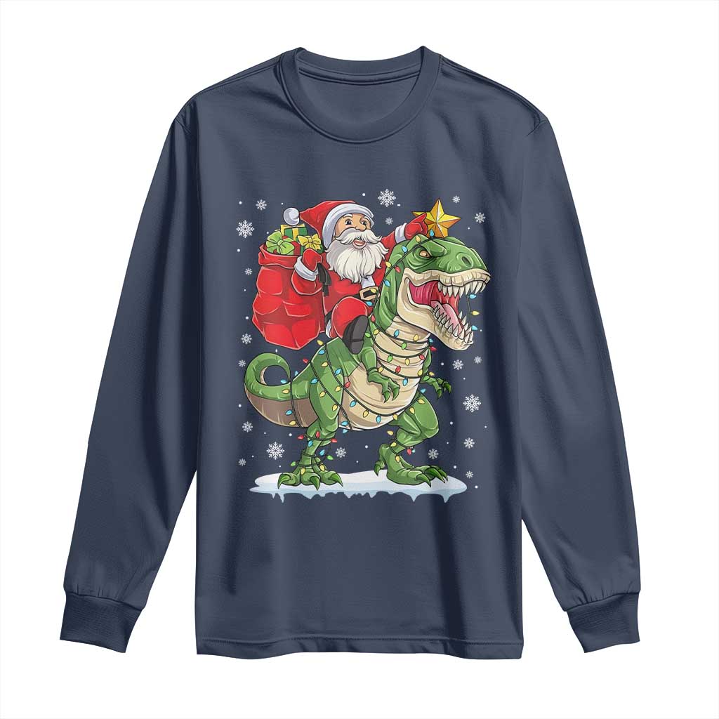 Funny Dinosaur Christmas Santa Claus Riding Dino Long Sleeve Shirt TS11 Navy Print Your Wear