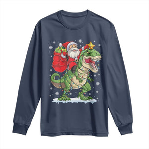 Funny Dinosaur Christmas Santa Claus Riding Dino Long Sleeve Shirt TS11 Navy Print Your Wear