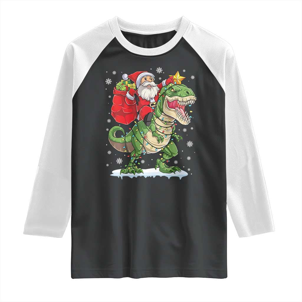 Funny Dinosaur Christmas Santa Claus Riding Dino Raglan Shirt TS11 Black White Print Your Wear