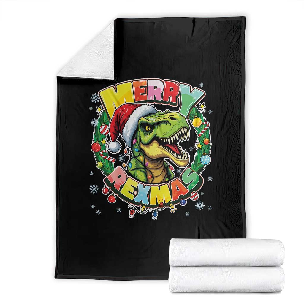Funny Christmas Dinosaur Throw Blanket Merry Rexmas Dino Xmas Wreath TS11 Black Print Your Wear