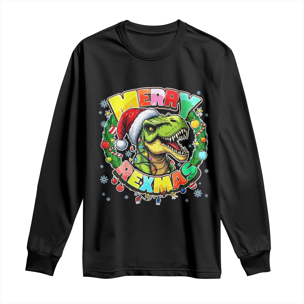 Funny Christmas Dinosaur Long Sleeve Shirt Merry Rexmas Dino Xmas Wreath TS11 Black Print Your Wear