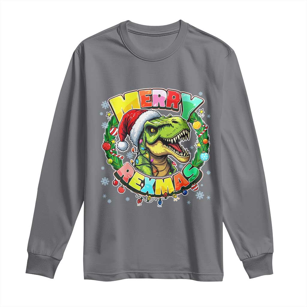Funny Christmas Dinosaur Long Sleeve Shirt Merry Rexmas Dino Xmas Wreath TS11 Charcoal Print Your Wear