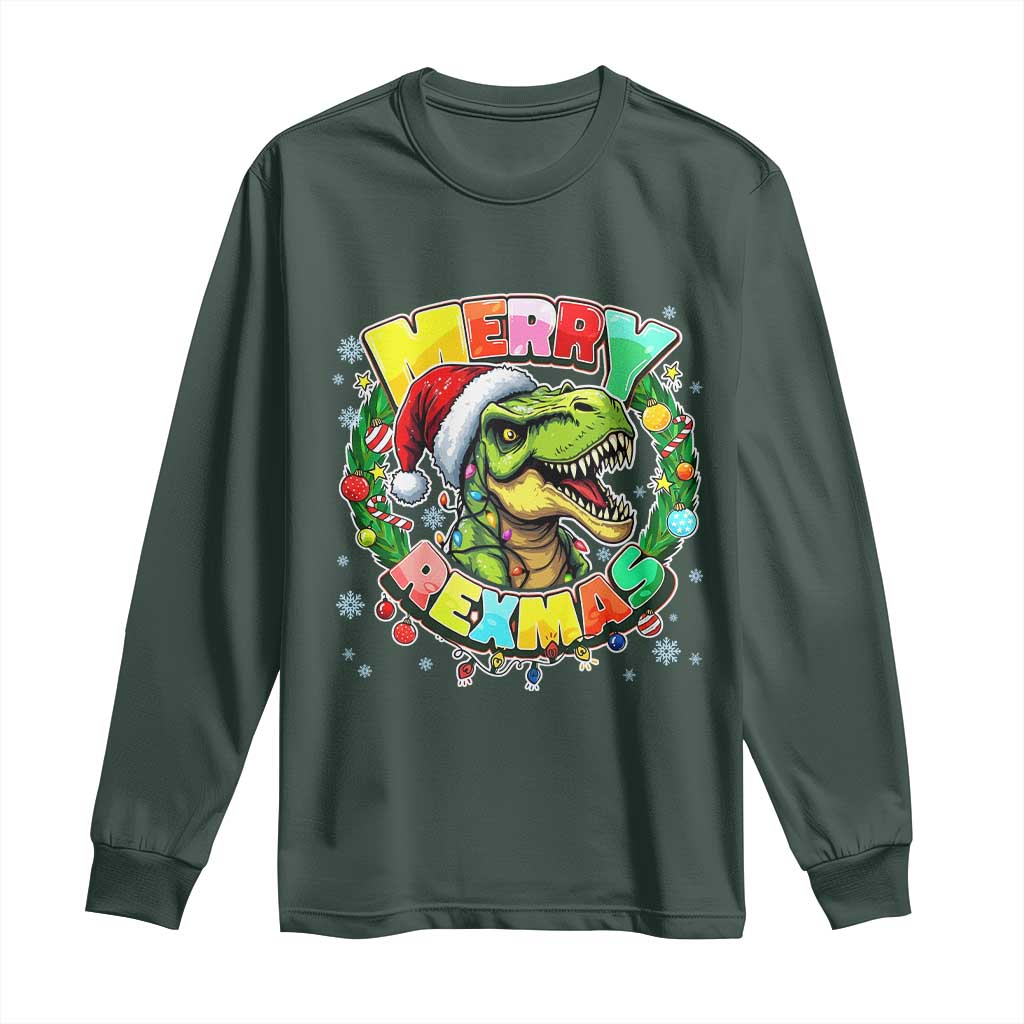 Funny Christmas Dinosaur Long Sleeve Shirt Merry Rexmas Dino Xmas Wreath TS11 Dark Forest Green Print Your Wear