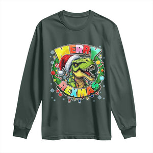 Funny Christmas Dinosaur Long Sleeve Shirt Merry Rexmas Dino Xmas Wreath TS11 Dark Forest Green Print Your Wear